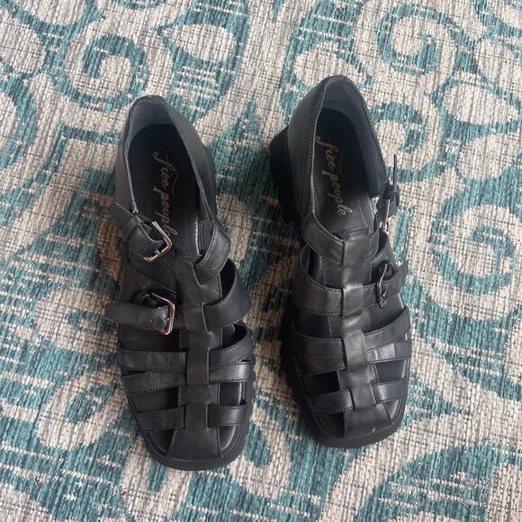 Free People Black Leather Fisherman Platform Sandals - Size 9.5 - Picture 2 of 8